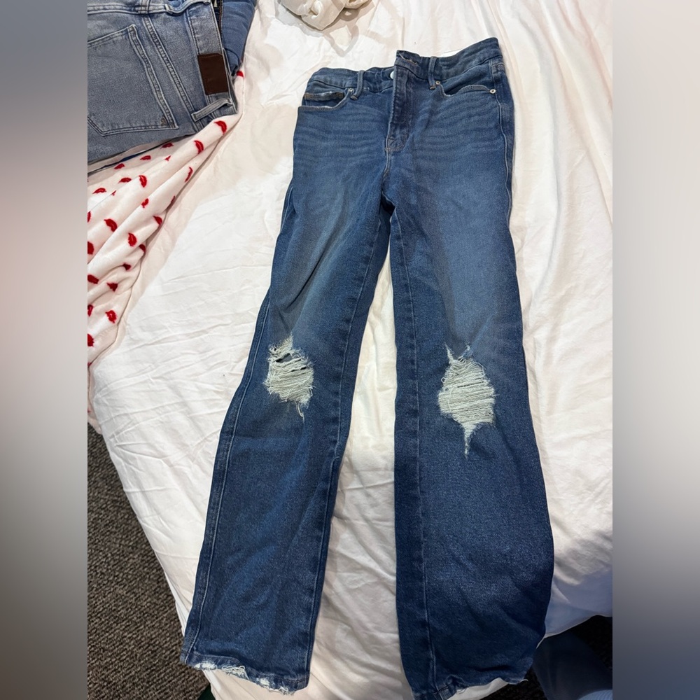 Good American Blue Distressed Straight Leg Jeans
